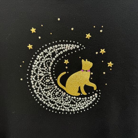 KAREN SCOTT Womens Shiny Cat Moon Shirt Size M Black 3/4 Sleeve Catlady Jersey - Picture 2 of 8